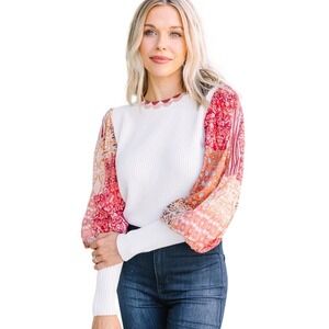 Boho White Ribbed Rust Orange Patchwork Balloon Sleeve Sweater Size Small